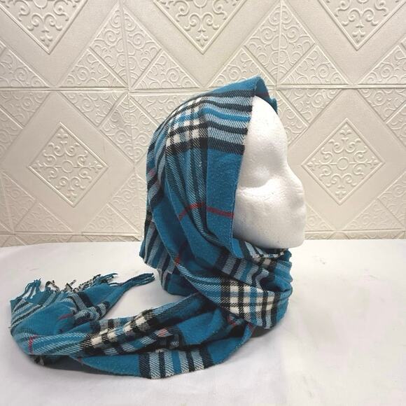 SCARF blue Flannel look teal red black white 12.5 x 65.5" with fringe extra - Picture 3 of 8